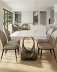 Alderley White Sintered Stone Dining Table with 4 or 6 Beige Leather Dining Chairs