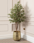 Artificial Olive Tree in Gold Metal Stone Planter