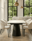 Lusso White Ceramic Marble Extending Dining Table with 6 or 8 White Boucle Dining Chairs