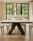 Lusso White Ceramic Marble Extending Dining Table with 6 or 8 White Boucle Dining Chairs