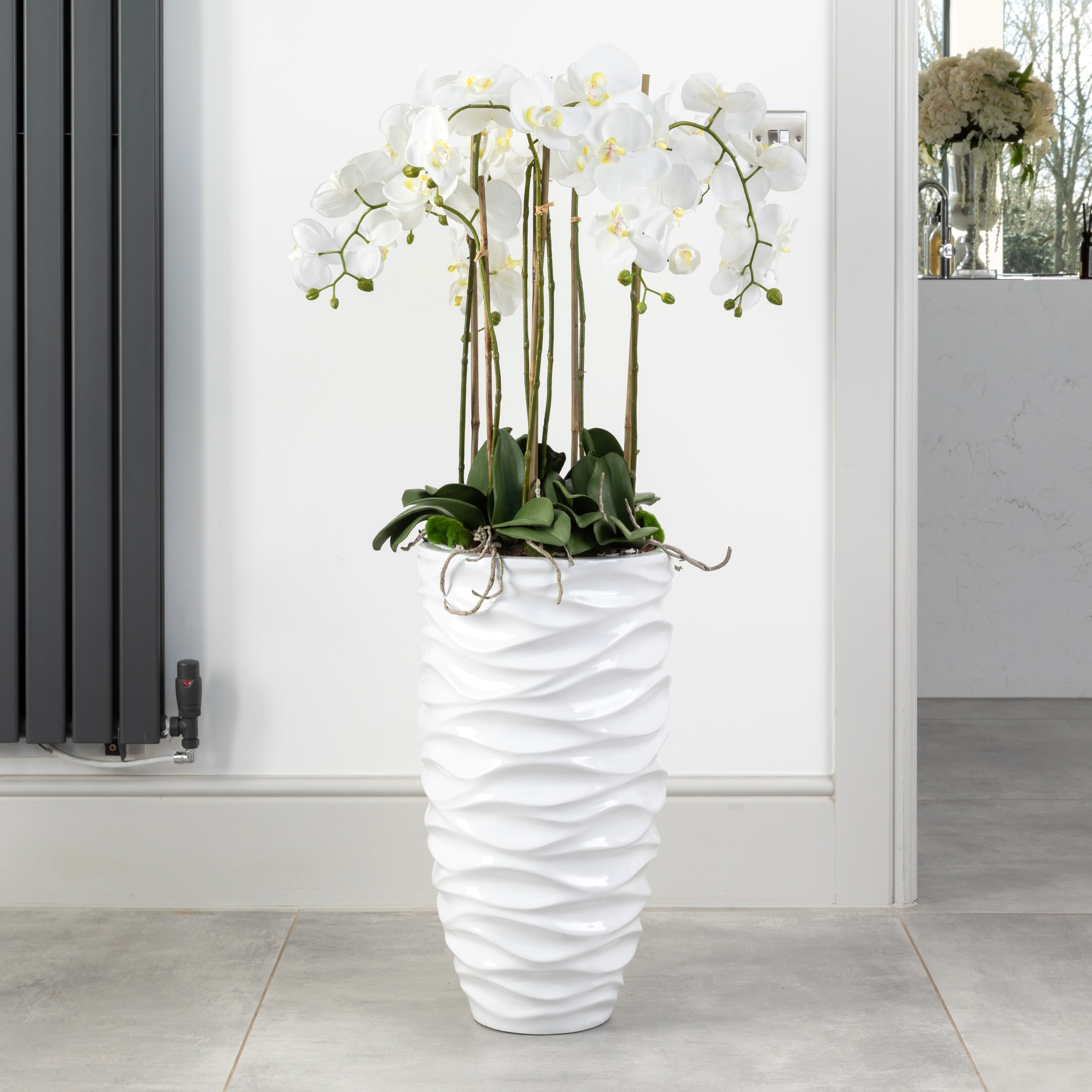 Artificial Floor Standing Orchid In Luxurious White Wave Pot
