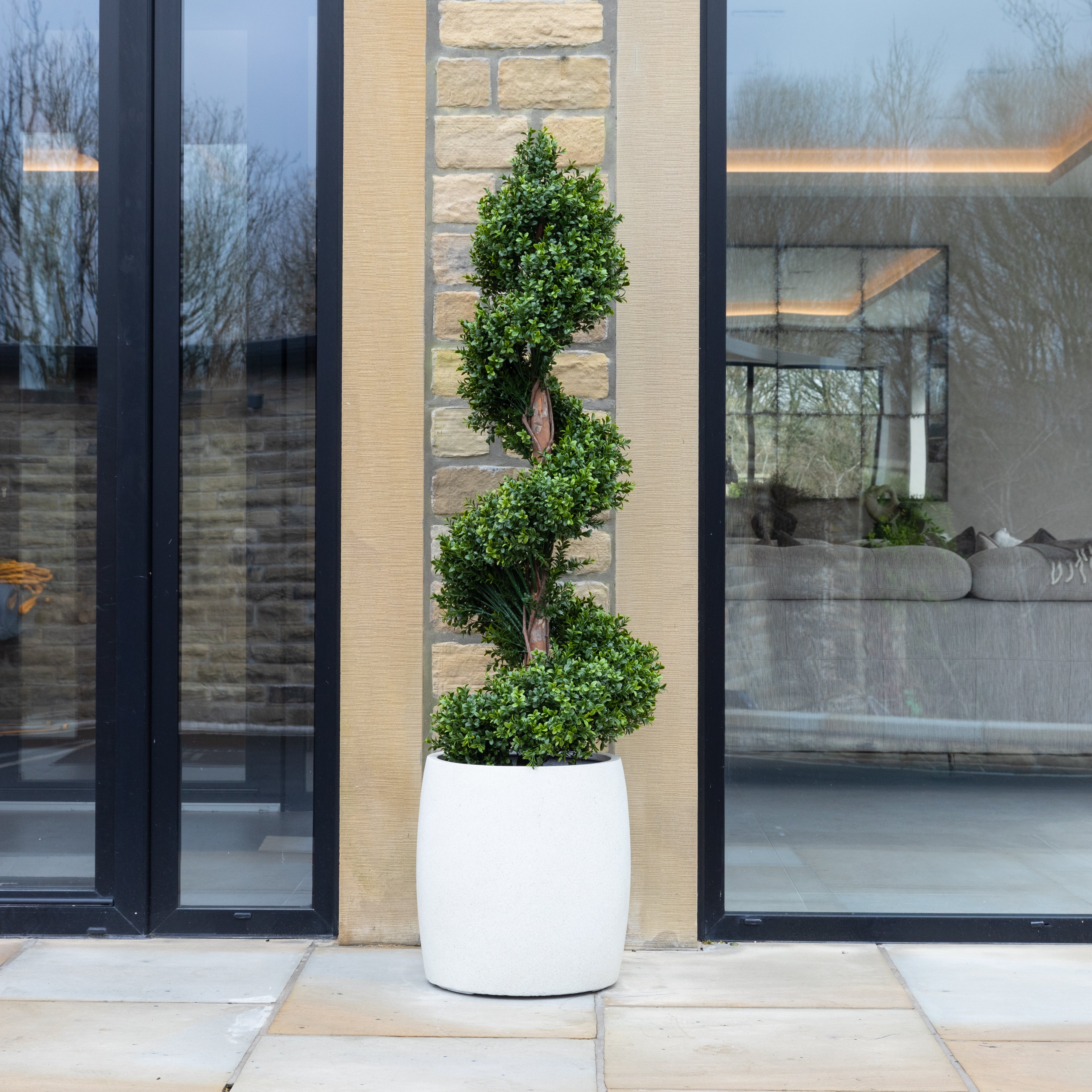 Artificial Spiral Topiary Tree In White Stone Planter – Faux Buxus Outdoor Entrance Décor (150cm or 180cm Total Height)