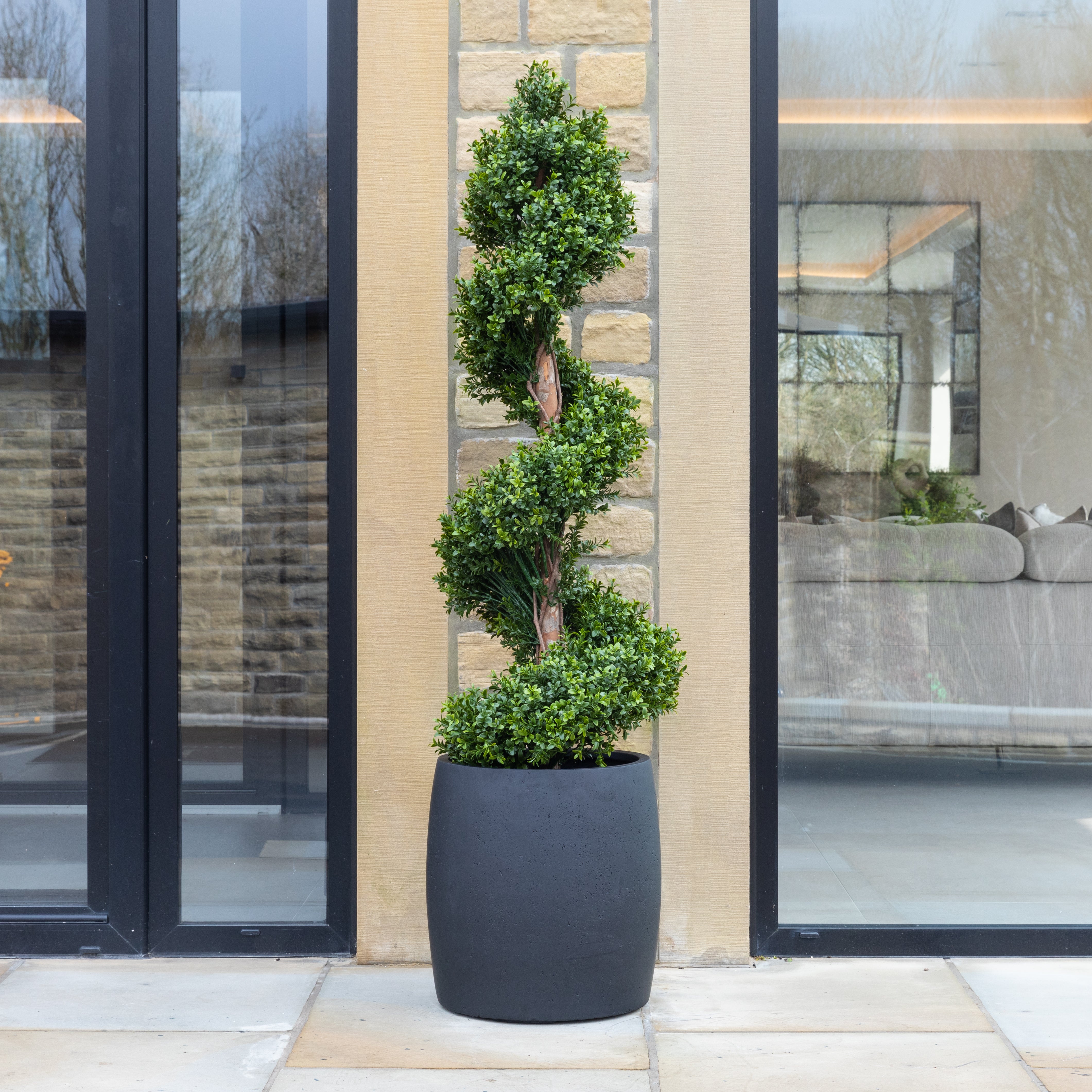 Artificial Spiral Topiary Tree In Black Stone Planter – Faux Buxus Outdoor Entrance Décor (150cm or 180cm Total Height)