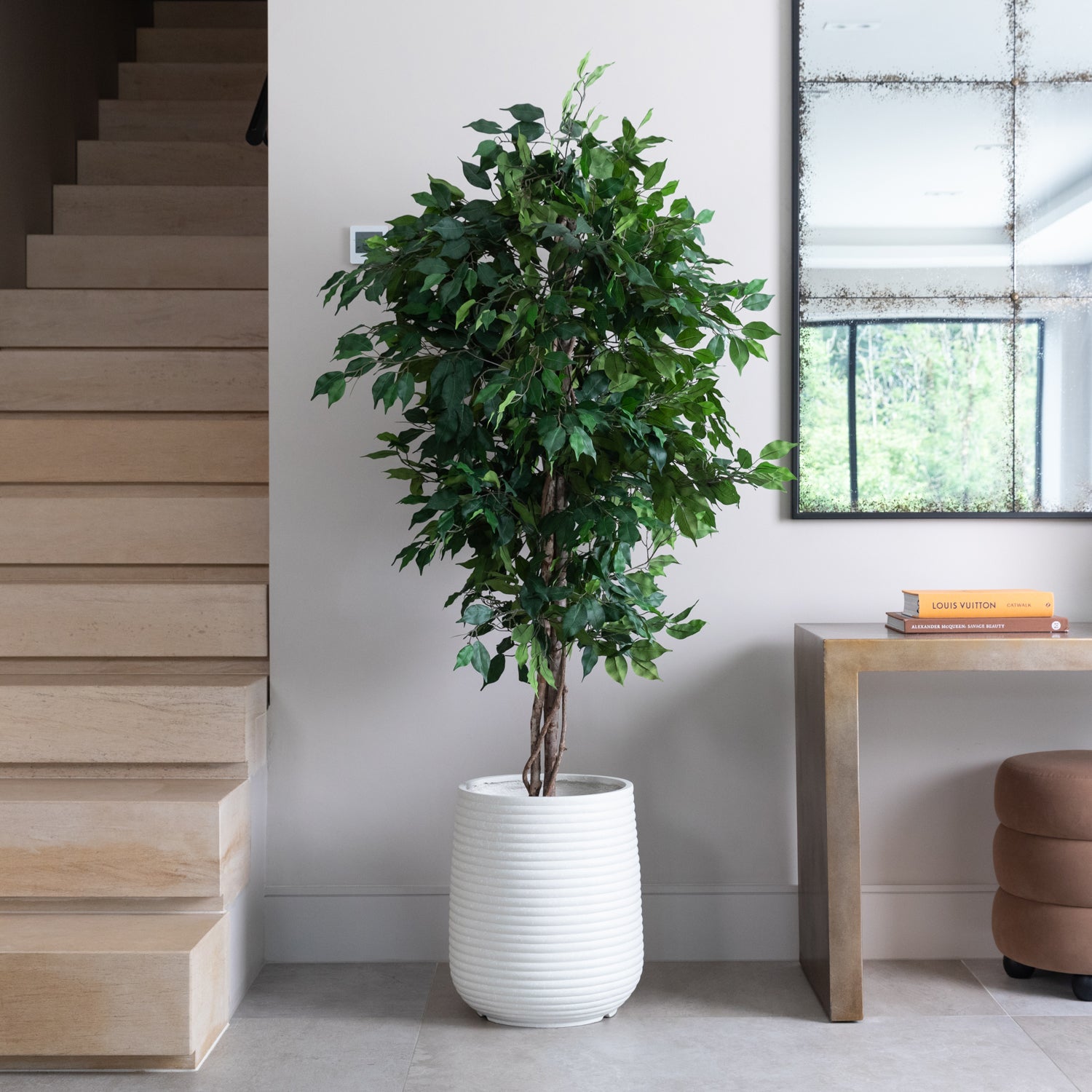 Premium Artificial Ficus Tree in White Ribbed Planter