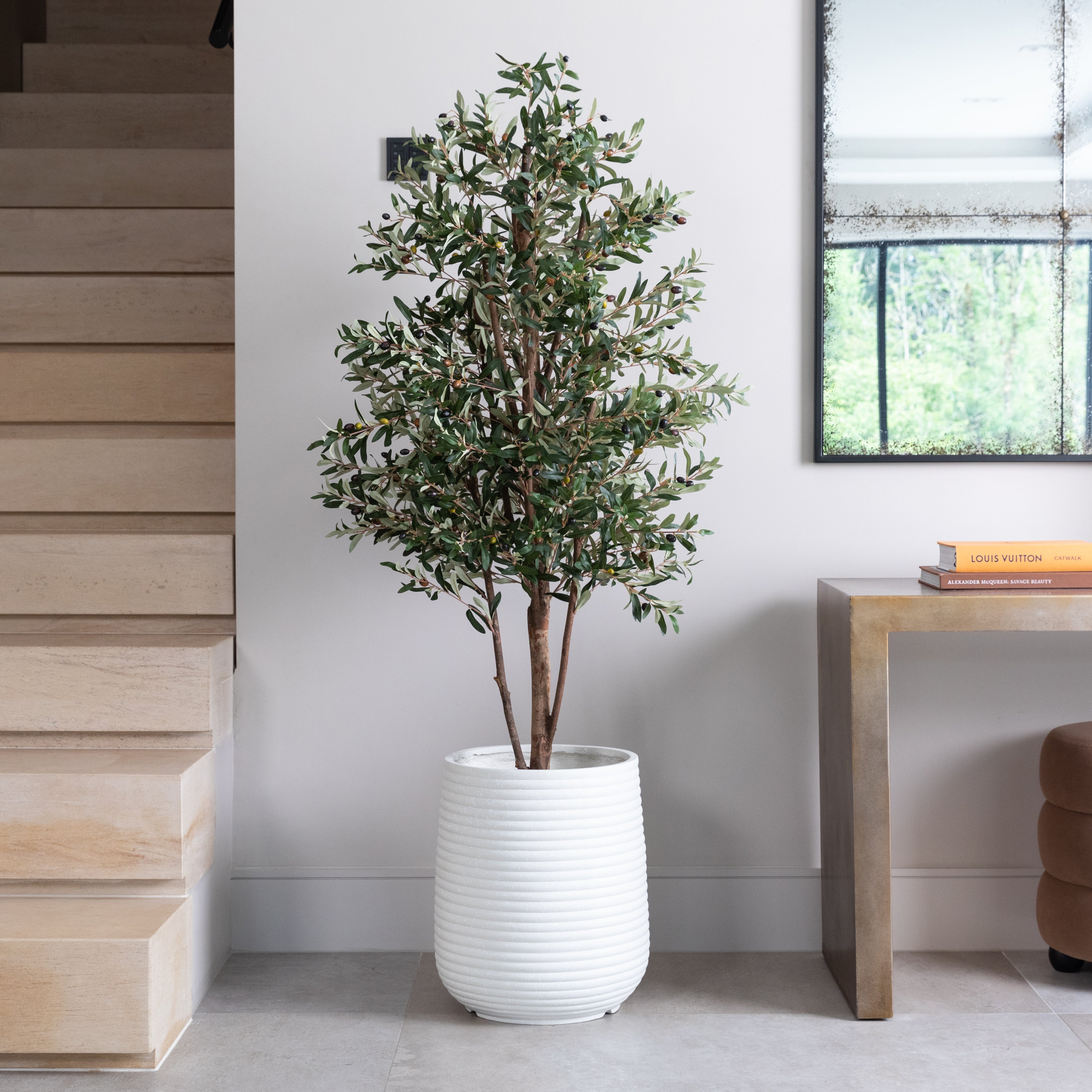 Artificial Olive Tree in White Ribbed Planter
