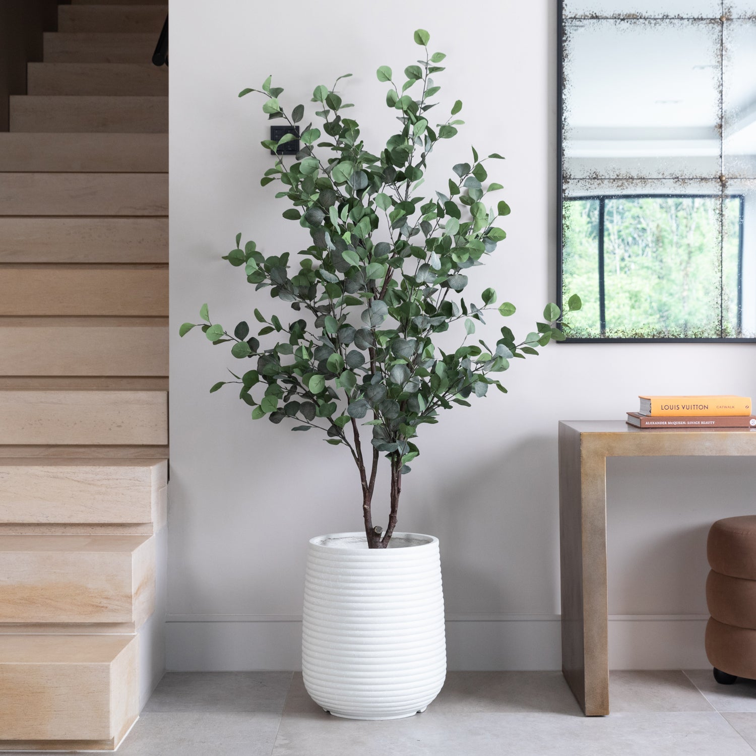 Artificial Eucalyptus Tree in White Ribbed Planter