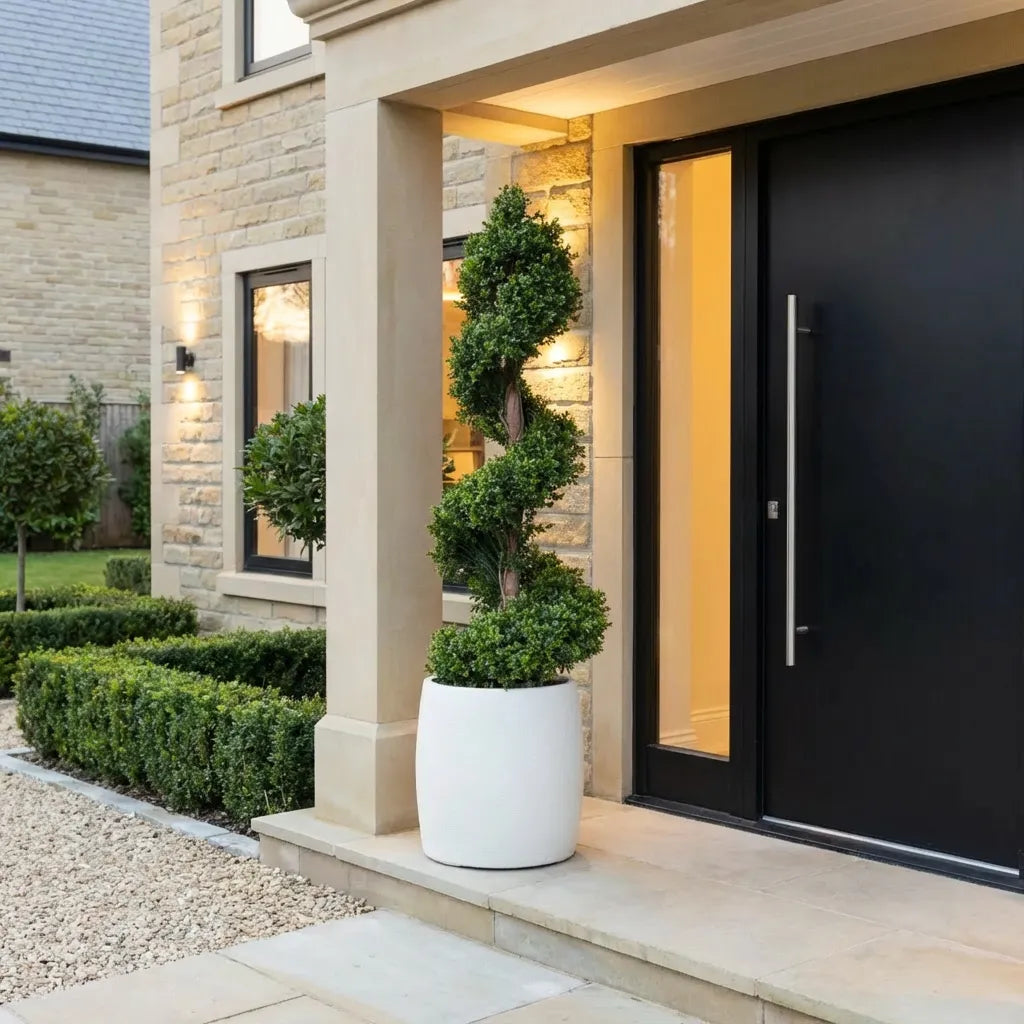 Artificial Spiral Topiary Tree In White Stone Planter – Faux Buxus Outdoor Entrance Décor (150cm or 180cm Total Height)