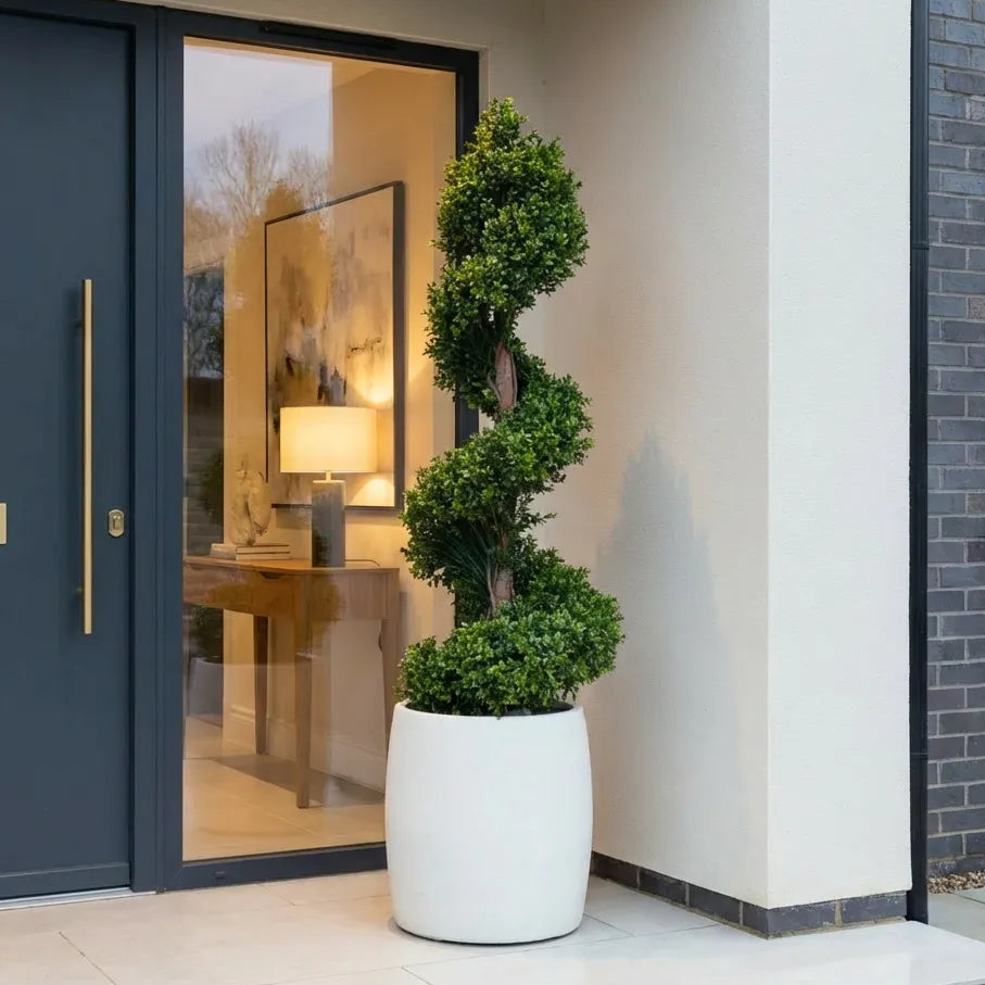 Artificial Spiral Topiary Tree In White Stone Planter – Faux Buxus Outdoor Entrance Décor (150cm or 180cm Total Height)