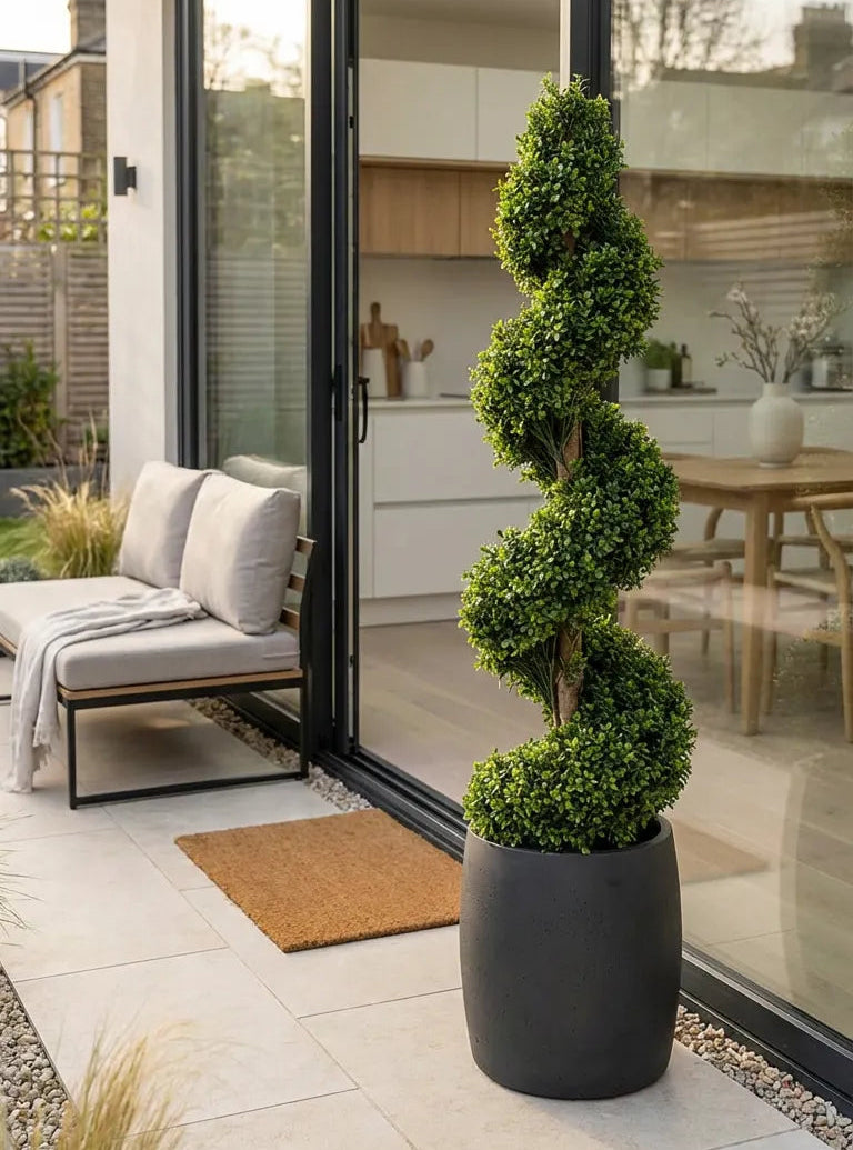 Artificial Spiral Topiary Tree In Black Stone Planter – Faux Buxus Outdoor Entrance Décor (150cm or 180cm Total Height)