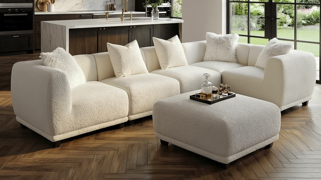 Lusso Modular Corner Group In Polar White Boucle Sofa
