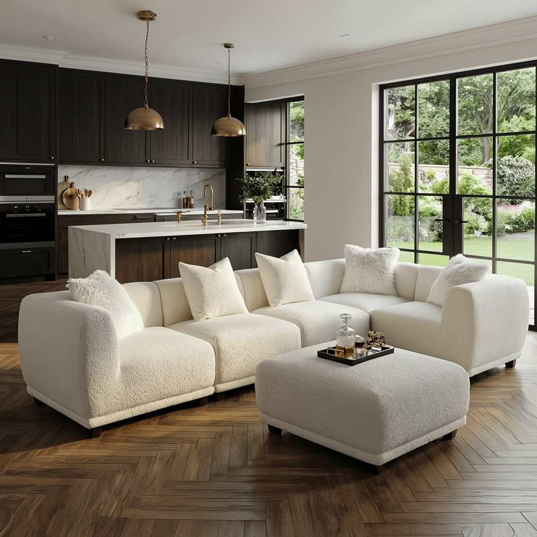 Lusso Modular Corner Group In Polar White Boucle Sofa