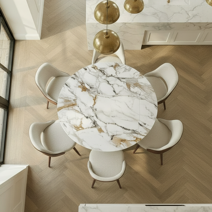 Lusso Round Extending Marble and Dining Table with 4 or 6 Taupe Dining Chairs