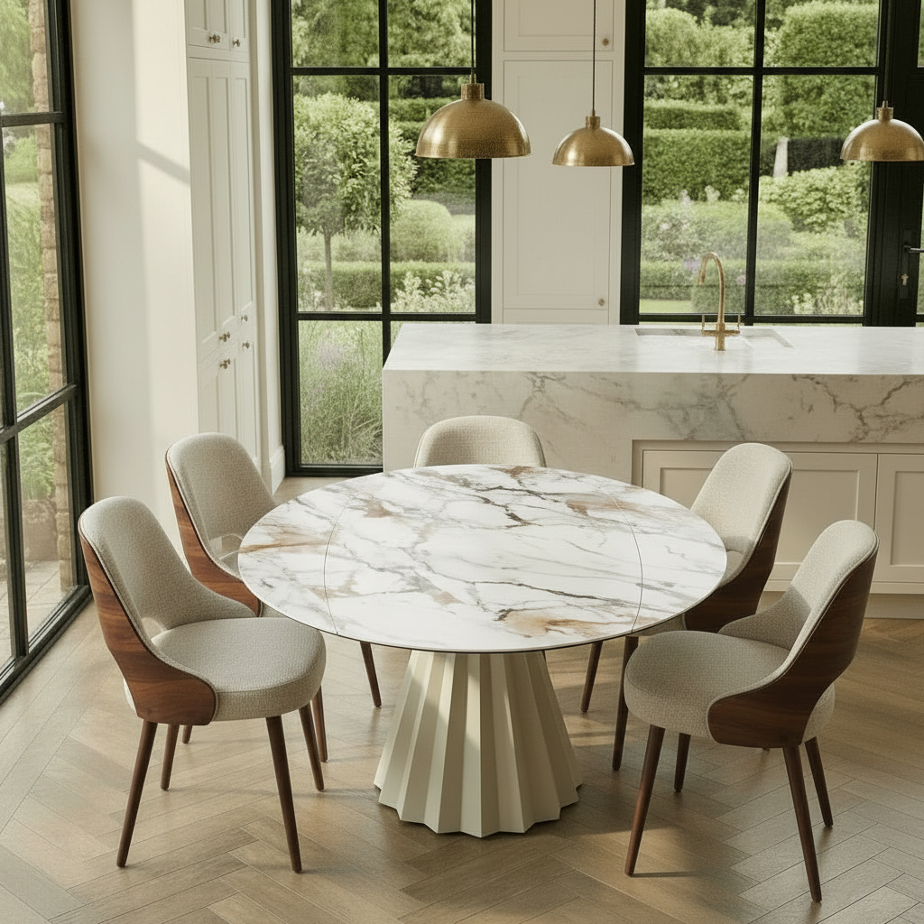 Lusso Round Extending Marble and Dining Table with 4 or 6 Taupe Dining Chairs