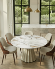 Lusso Round Extending Marble and Dining Table with 4 or 6 Taupe Dining Chairs