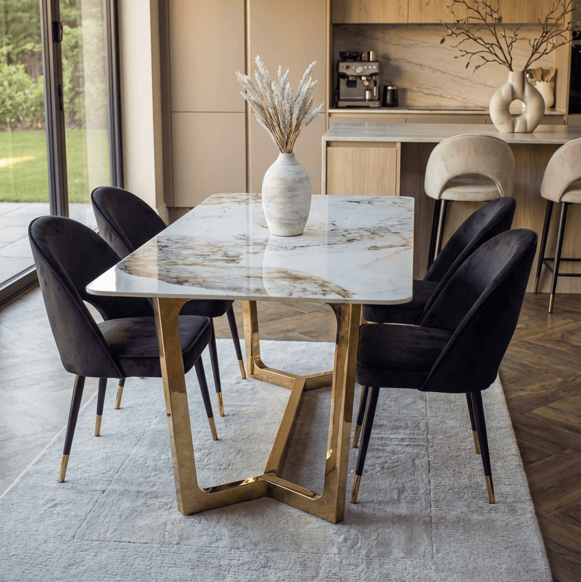 Astbury White Sintered Stone Dining Table with 4 or 6 Black Dining Chairs