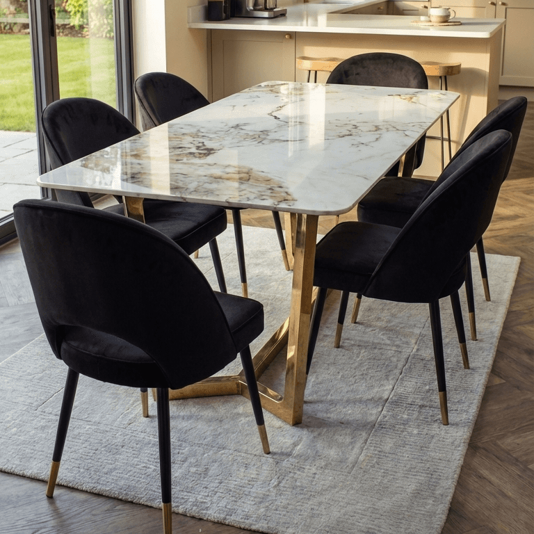 Astbury White Sintered Stone Dining Table with 4 or 6 Black Dining Chairs