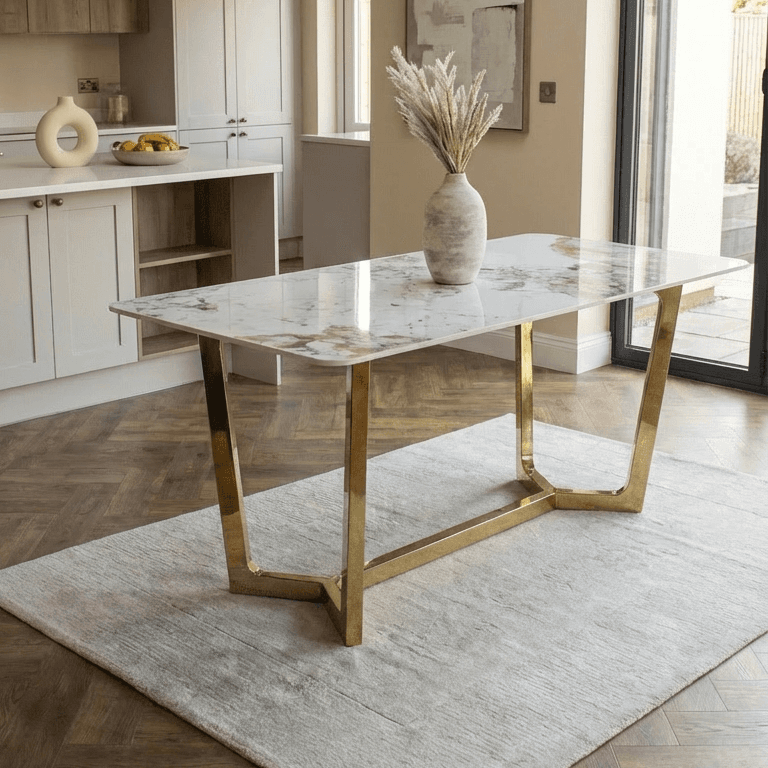 Astbury White Sintered Stone Dining Table with 4 or 6 Black Dining Chairs