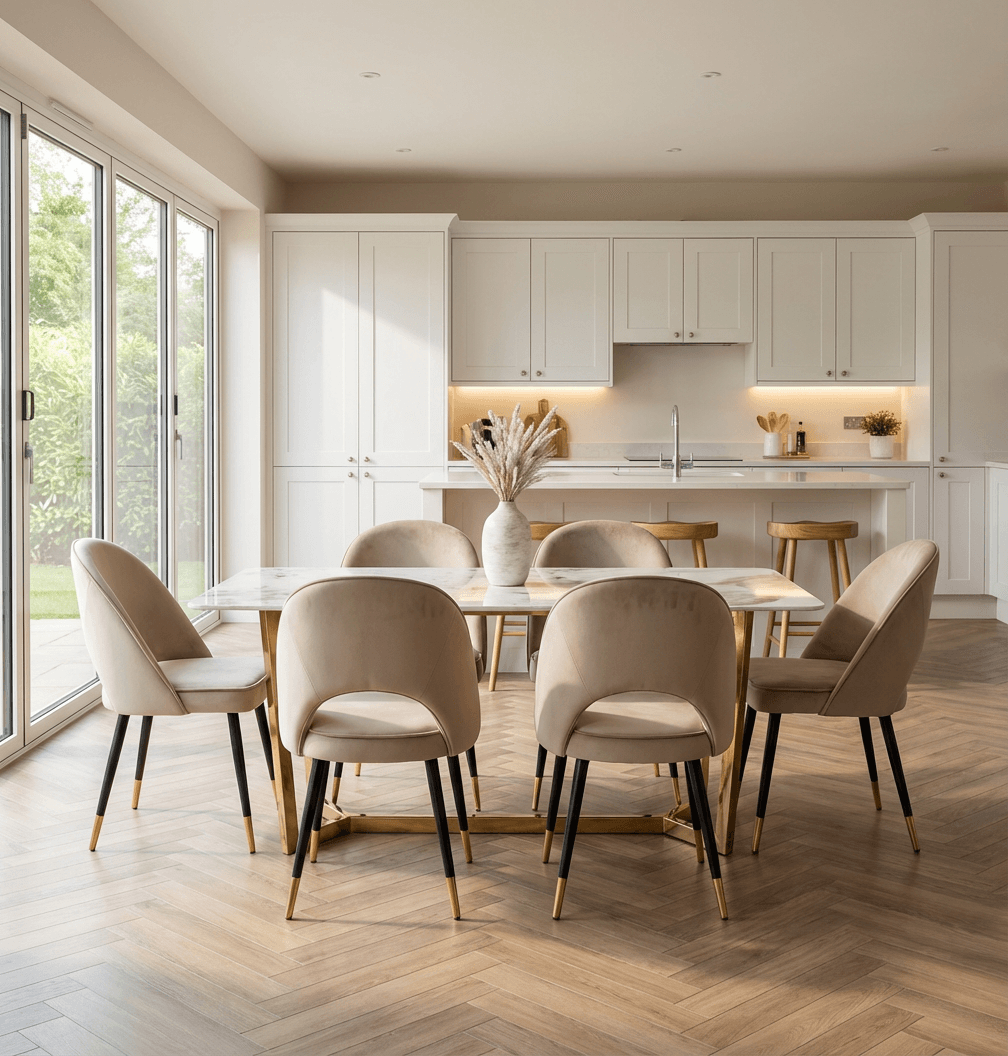 Astbury White Sintered Stone Dining Table with 4 or 6 Beige Dining Chairs