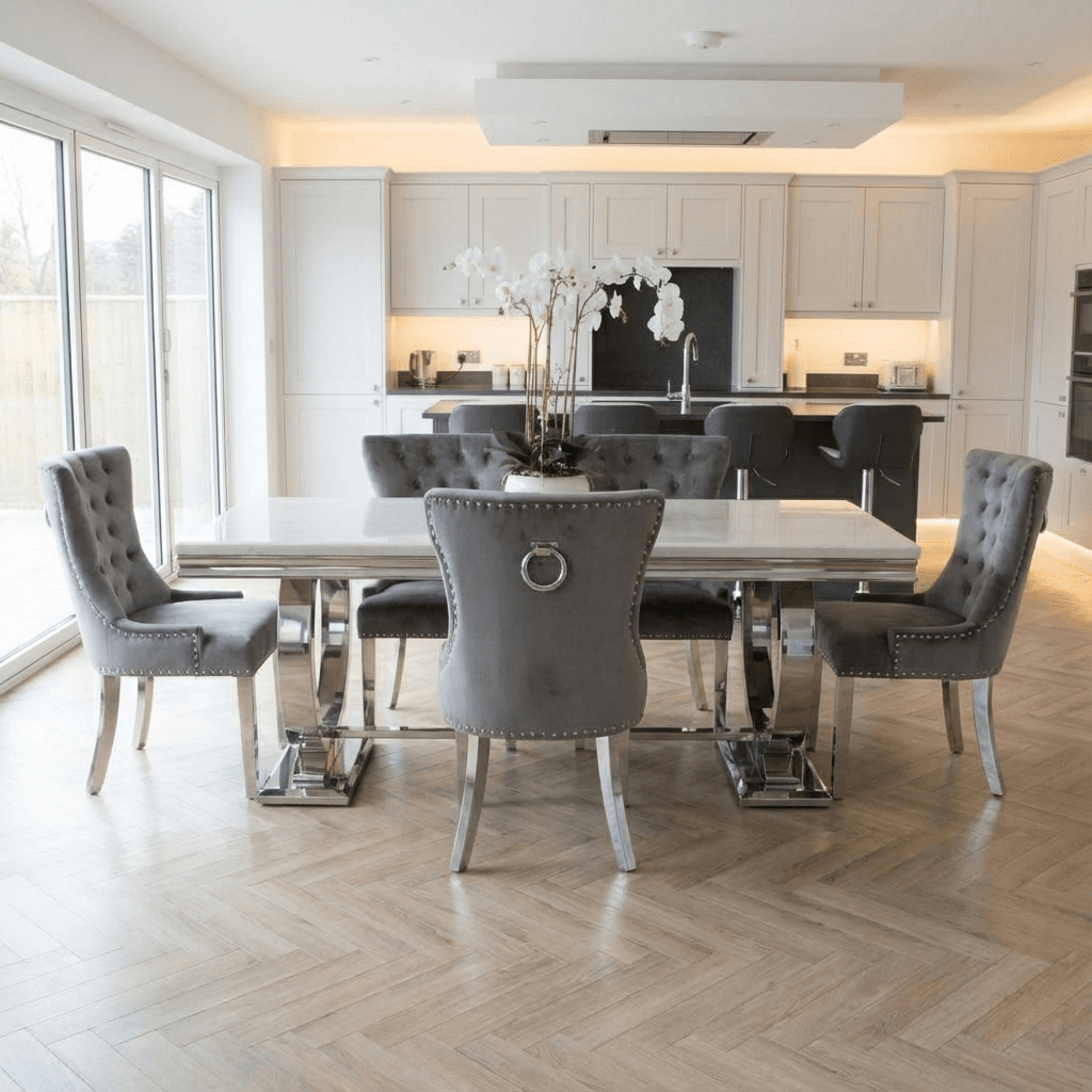 White Marble Dining Table with 4 or 6 Dining Chairs