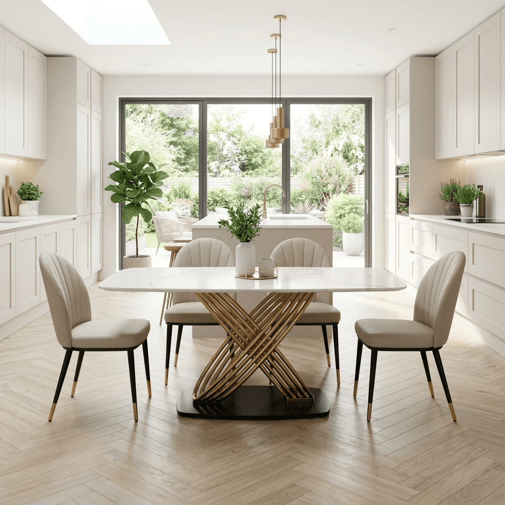 Alderley White Sintered Stone Dining Table with 4 or 6 Beige Leather Dining Chairs