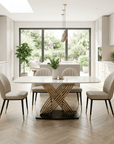 Alderley White Sintered Stone Dining Table with 4 or 6 Beige Leather Dining Chairs