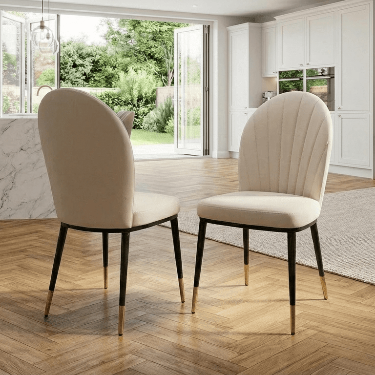 Alderley White Sintered Stone Dining Table with 4 or 6 Beige Leather Dining Chairs