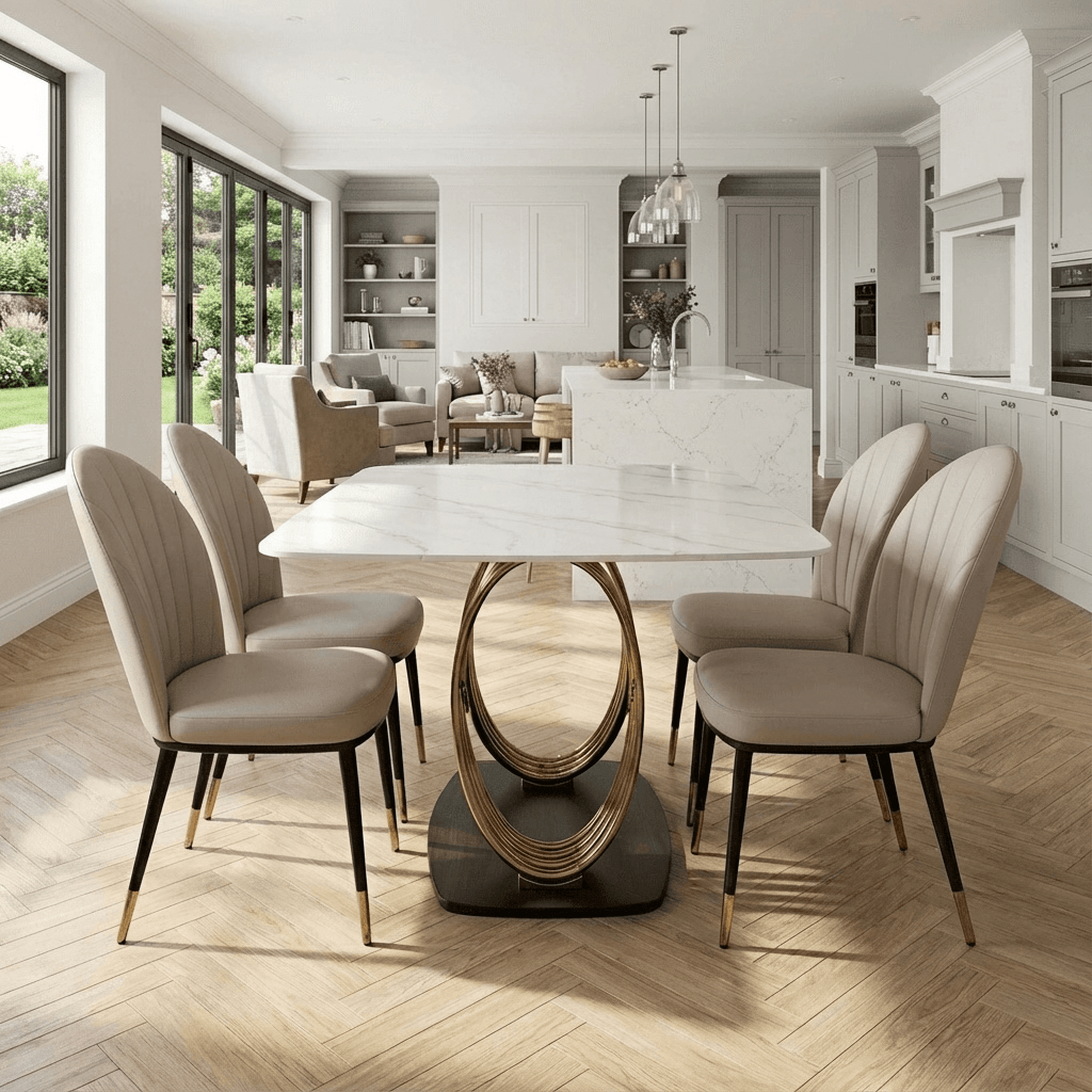 Alderley White Sintered Stone Dining Table with 4 or 6 Beige Leather Dining Chairs