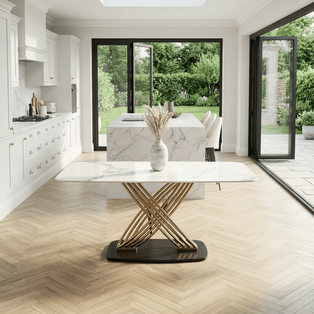 Alderley White Sintered Stone Dining Table with 4 or 6 Beige Leather Dining Chairs