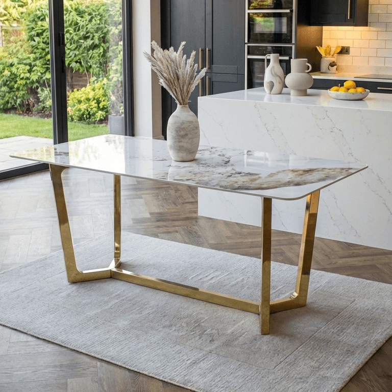 Astbury White Sintered Stone Dining Table with 4 or 6 Beige Dining Chairs
