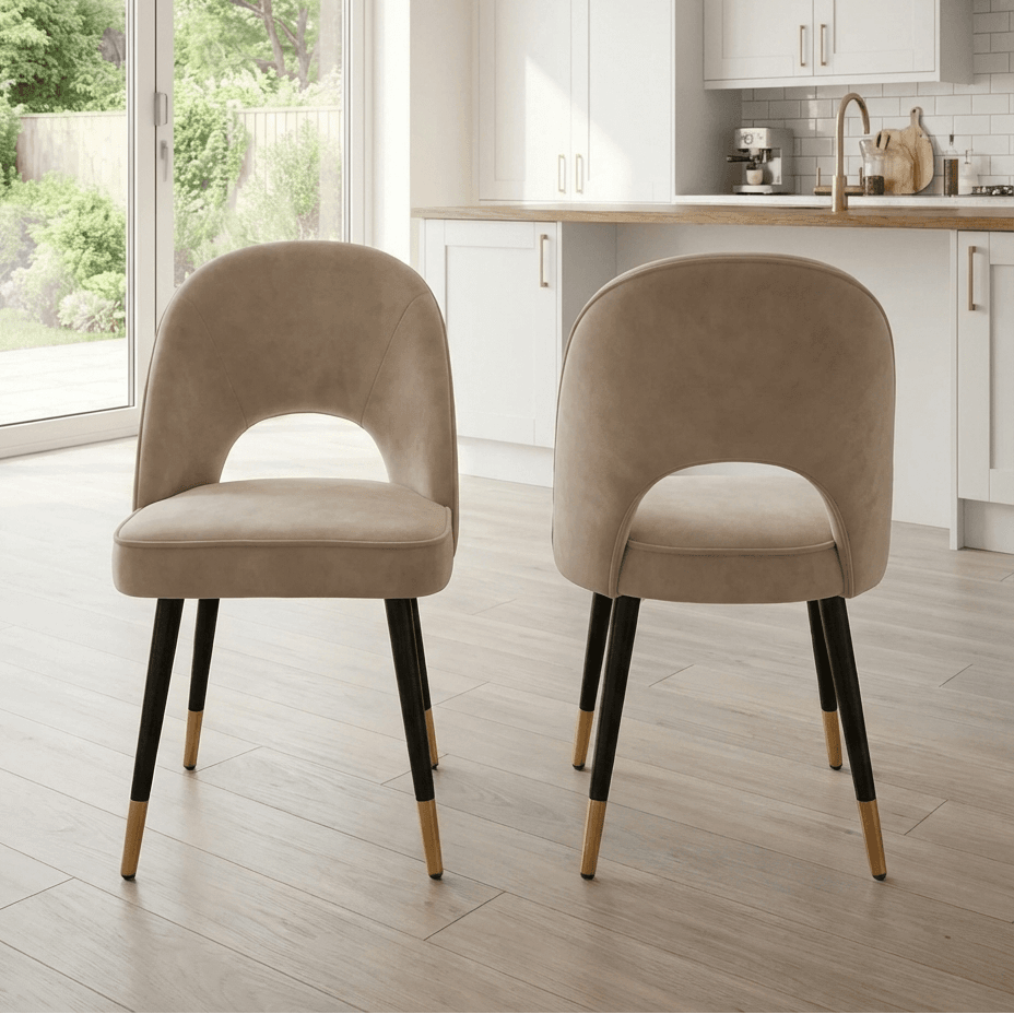 Alderley White Sintered Stone Dining Table with 4 or 6 Beige Velvet Dining Chairs