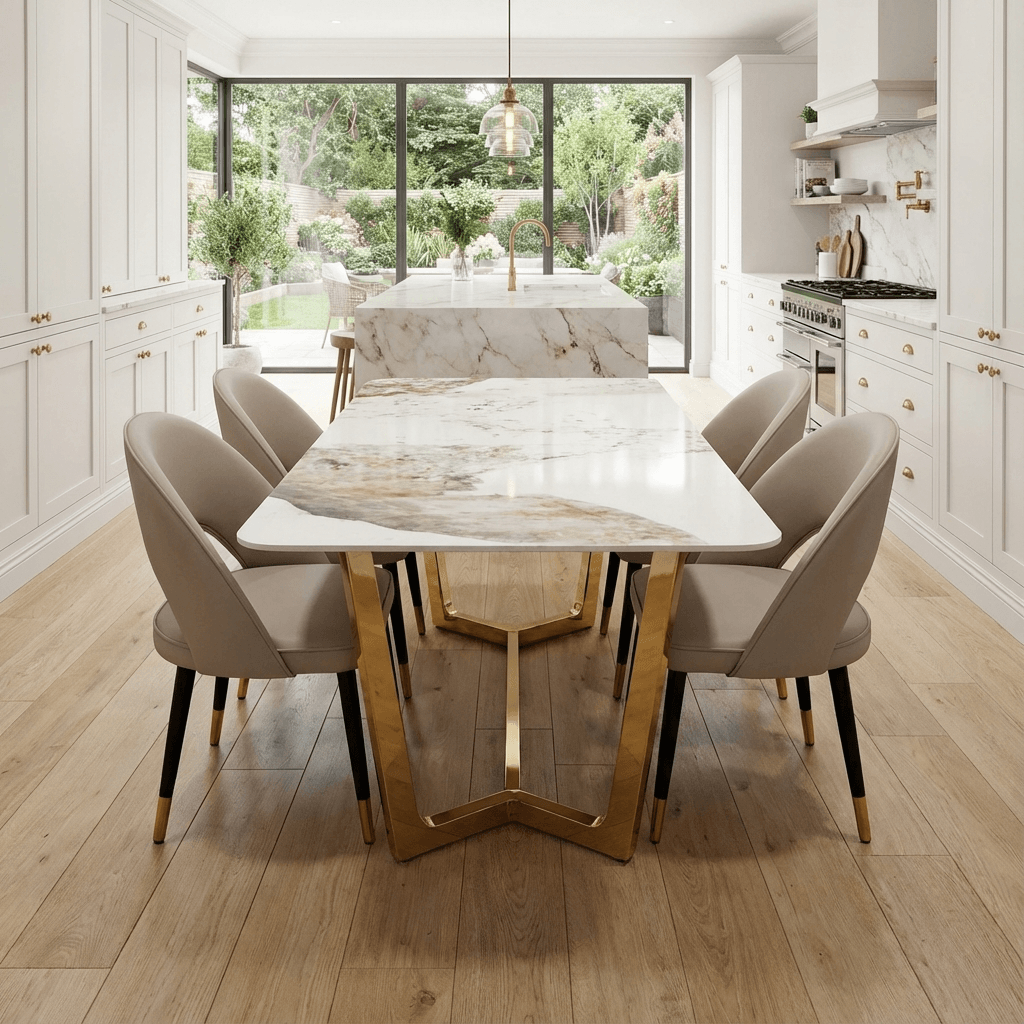 Astbury White Sintered Stone Dining Table with 4 or 6 Beige Dining Chairs