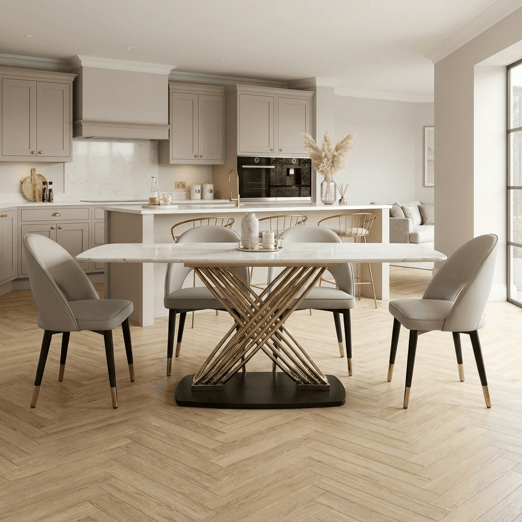 Alderley White Sintered Stone Dining Table with 4 or 6 Beige Velvet Dining Chairs