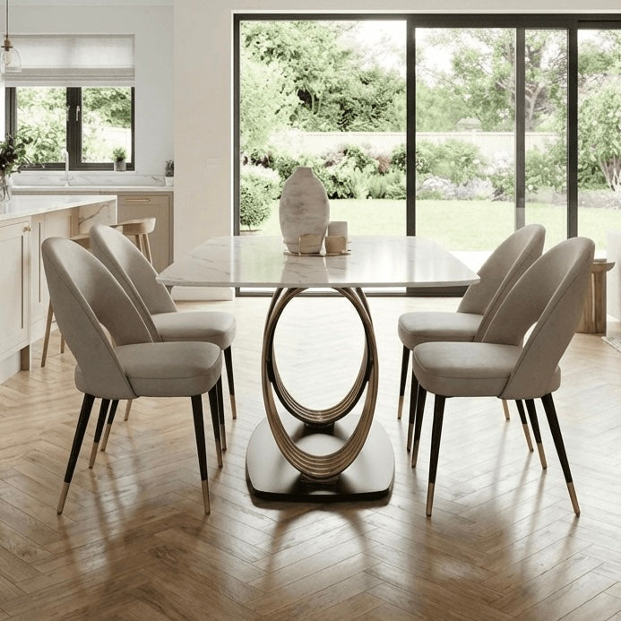 Alderley White Sintered Stone Dining Table with 4 or 6 Beige Velvet Dining Chairs