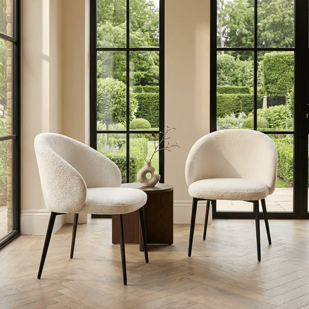 Lusso Ceramic Marble Extending Dining Table with 6 or 8 White Boucle Dining Chairs