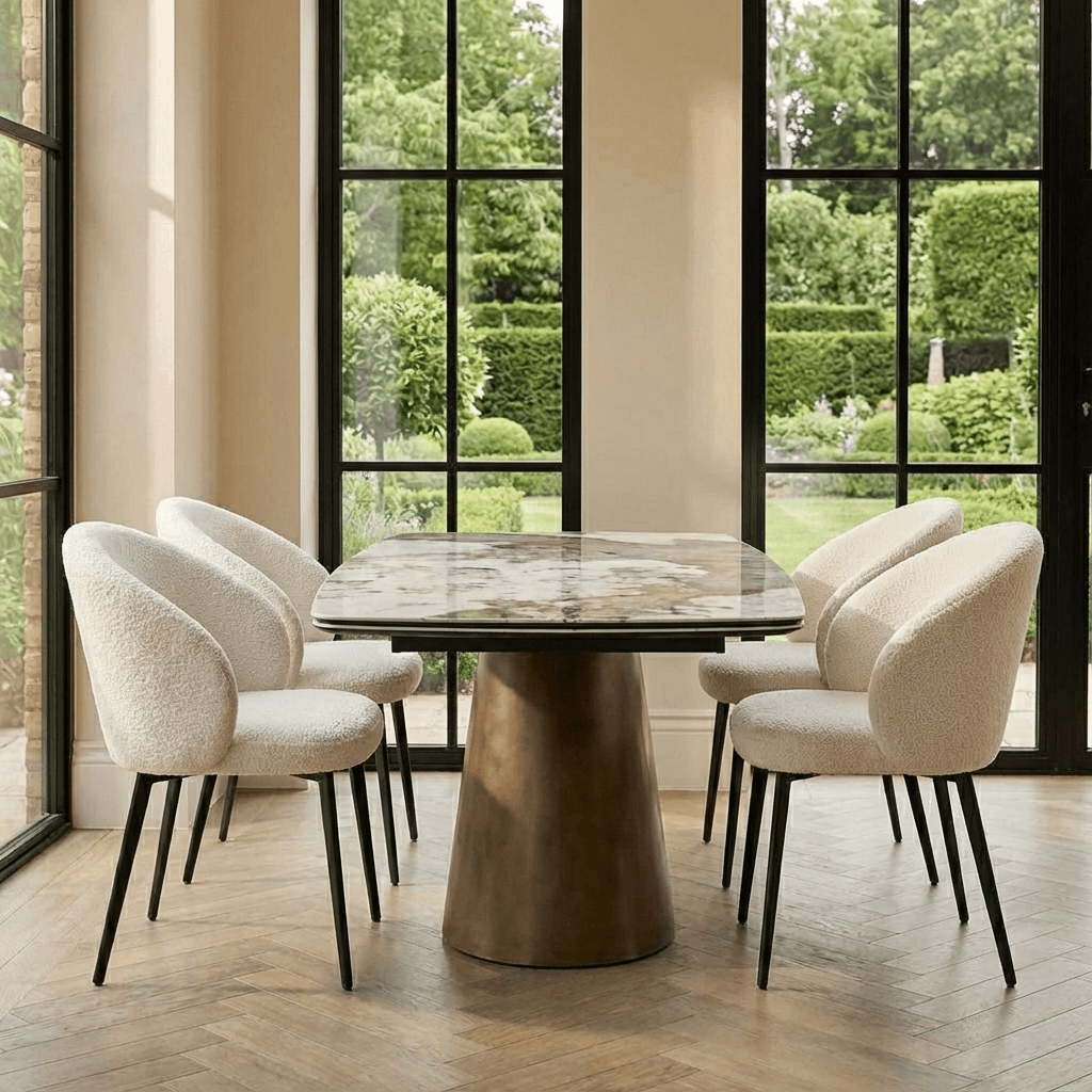Lusso Ceramic Marble Extending Dining Table with 6 or 8 White Boucle Dining Chairs