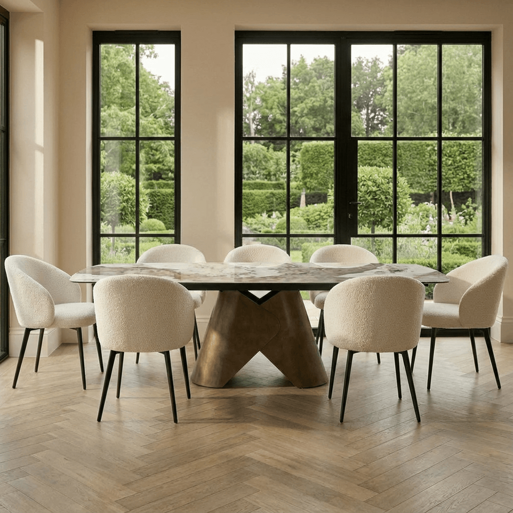 Lusso Ceramic Marble Extending Dining Table with 6 or 8 White Boucle Dining Chairs