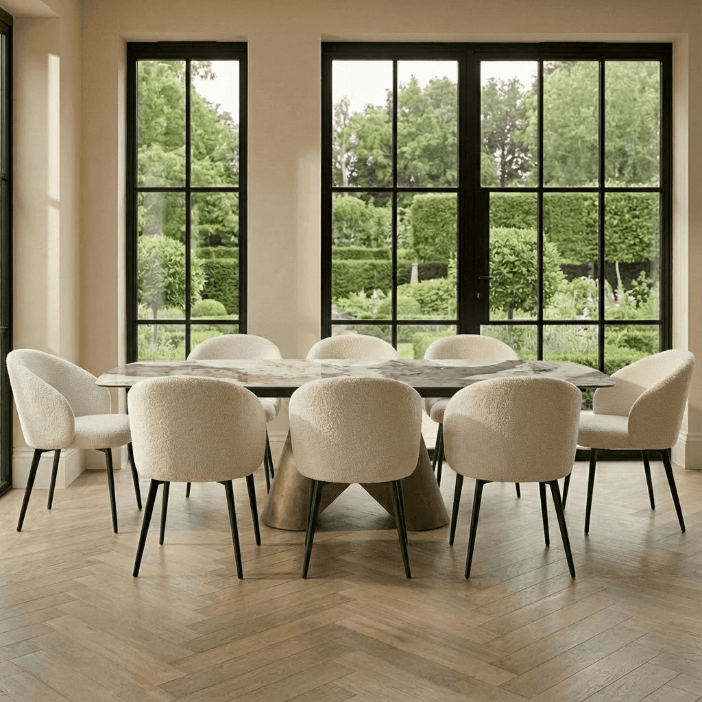Lusso Ceramic Marble Extending Dining Table with 6 or 8 White Boucle Dining Chairs
