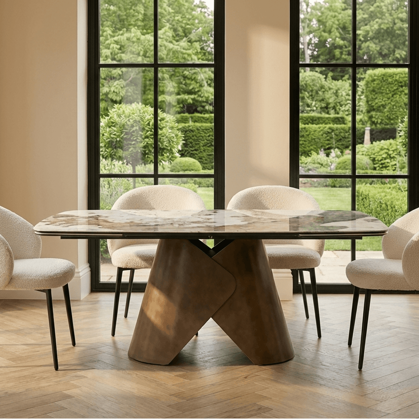 Lusso Ceramic Marble Extending Dining Table with 6 or 8 White Boucle Dining Chairs