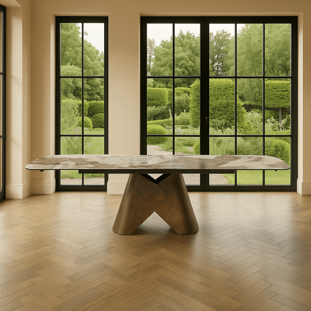 Lusso Ceramic Marble Extending Dining Table with 6 or 8 White Boucle Dining Chairs