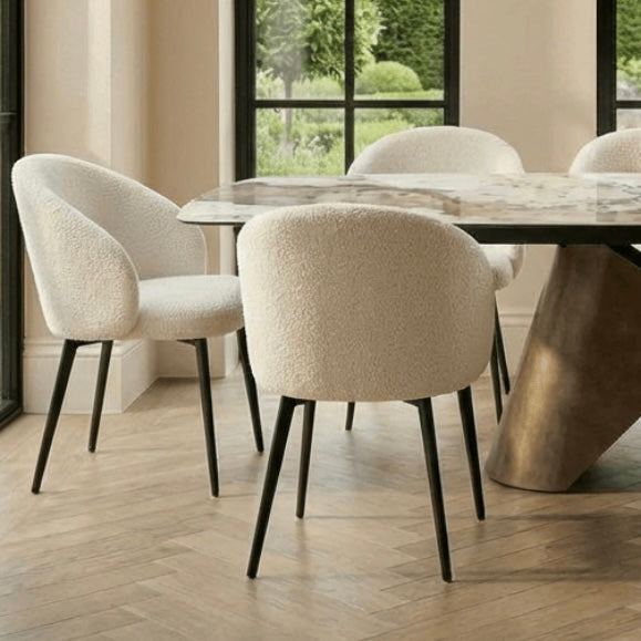Lusso Ceramic Marble Extending Dining Table with 6 or 8 White Boucle Dining Chairs