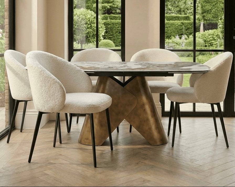 Lusso Ceramic Marble Extending Dining Table with 6 or 8 White Boucle Dining Chairs