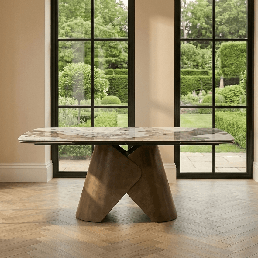 Lusso Ceramic Marble Extending Dining Table with 6 or 8 White Boucle Dining Chairs
