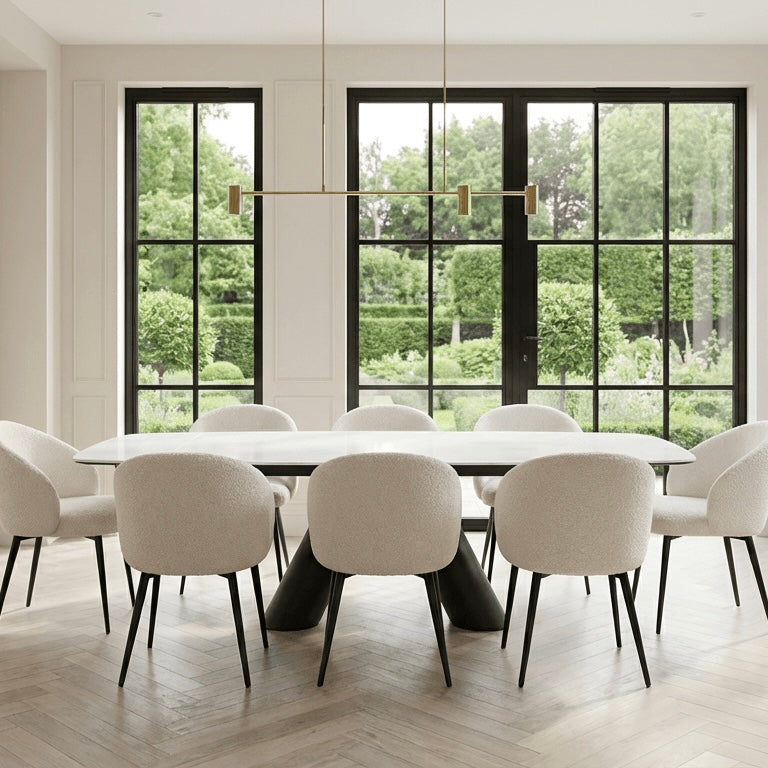 Lusso White Ceramic Marble Extending Dining Table with 6 or 8 White Boucle Dining Chairs