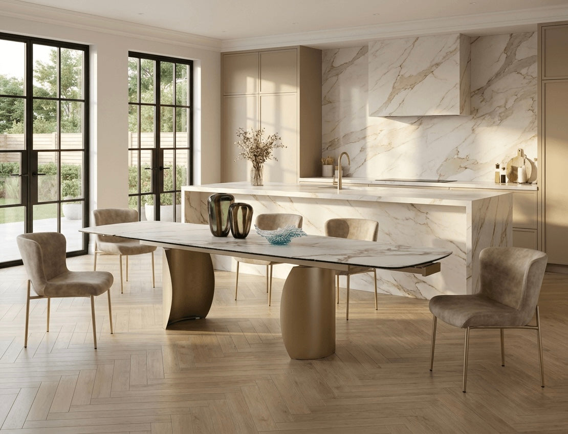 Lusso Ceramic Marble Extending Dining Table with 8 or 10 Champagne Dining Chairs