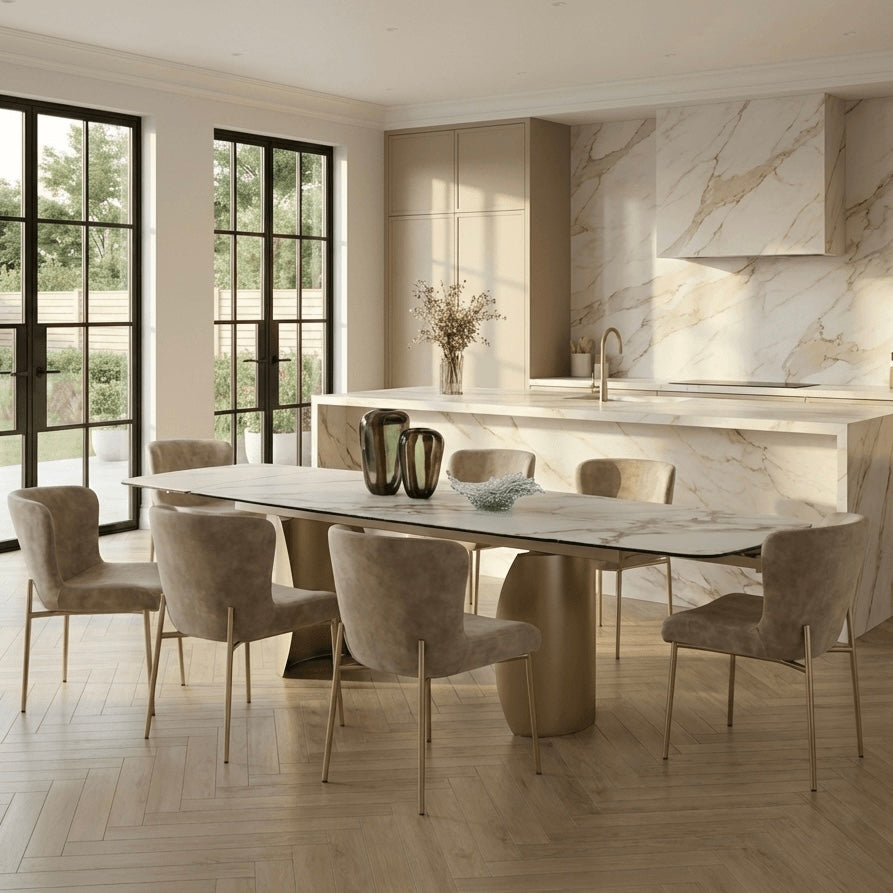 Lusso Ceramic Marble Extending Dining Table with 8 or 10 Champagne Dining Chairs