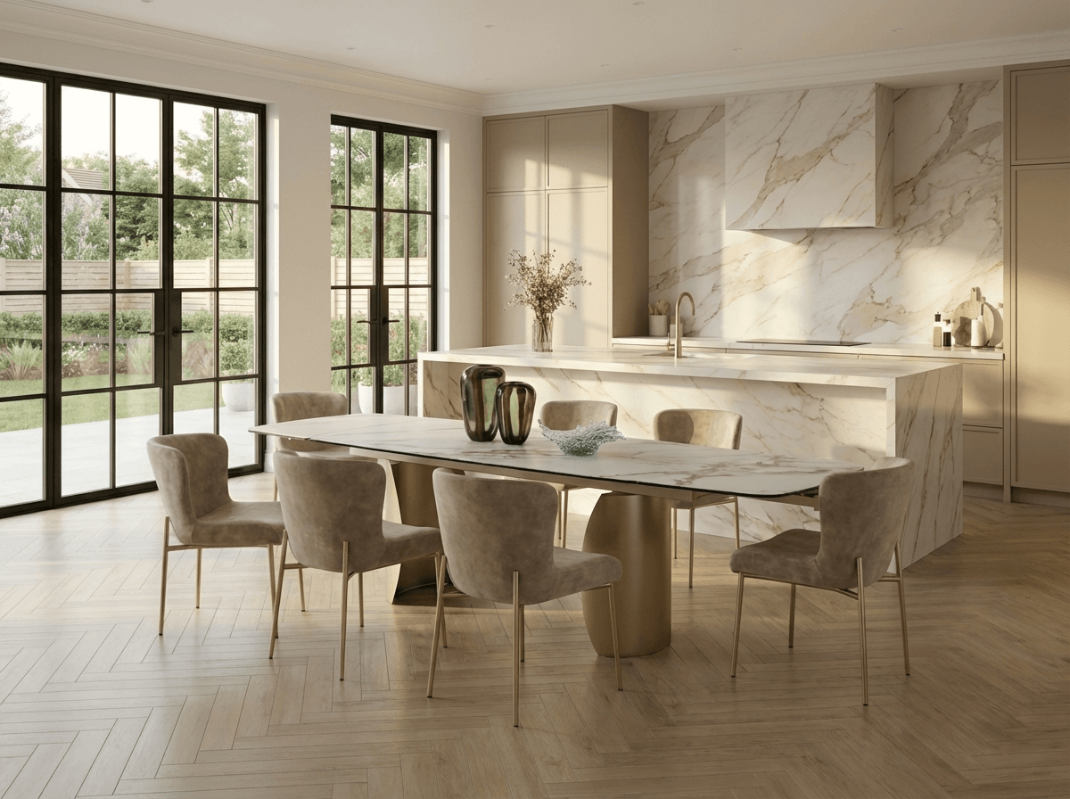 Lusso Ceramic Marble Extending Dining Table with 8 or 10 Champagne Dining Chairs