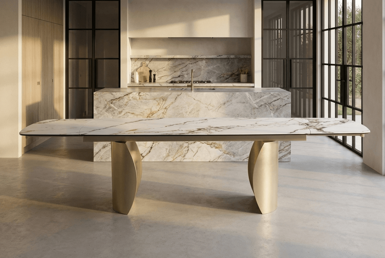Lusso Ceramic Marble Extending Dining Table with 8 or 10 Champagne Dining Chairs