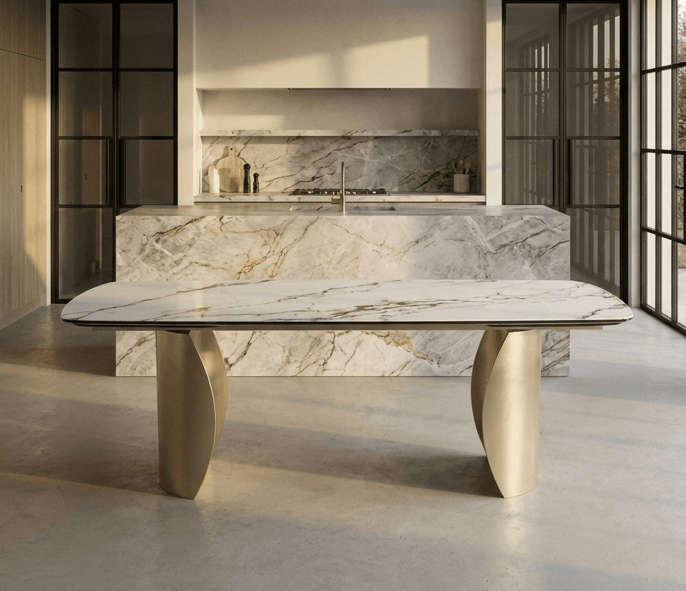 Lusso Ceramic Marble Extending Dining Table with 8 or 10 Champagne Dining Chairs