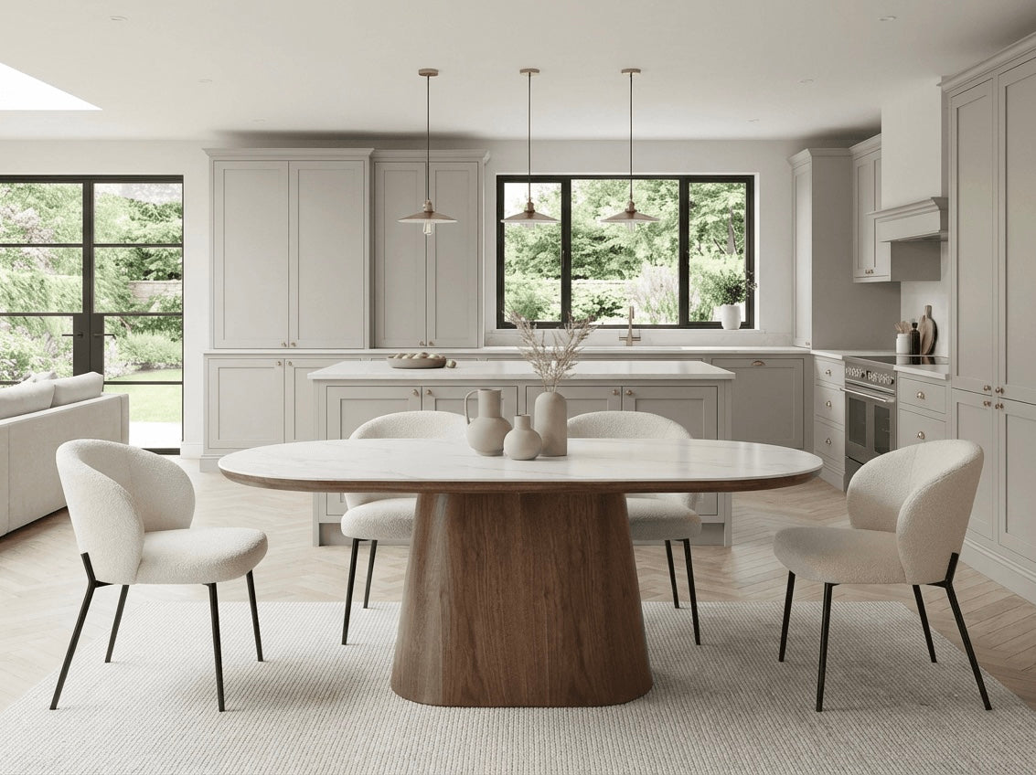 Lusso Oval Marble and Walnut Dining Table with 4 or 6 Boucle Dining Chairs