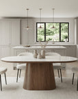 Lusso Oval Marble and Walnut Dining Table with 4 or 6 Boucle Dining Chairs